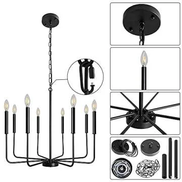 ALISADABOY Black Chandeliers for Dining Room 26.1'' Farmhouse 8 Light Rustic Industrial Candle Hanging Light Fixture for Living Room Kitchen Island Entryway Foyer Pendant Lighting