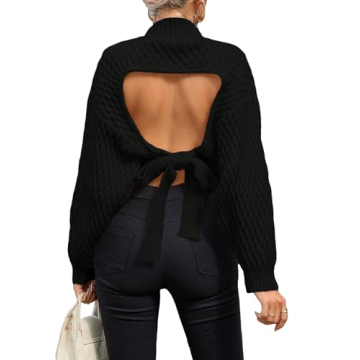 GORGLITTER Women's Bow Open Back Sweater Top Trendy Long Sleeve Backless Drop Shoulder Mock Neck Cable Knit Sweaters Black Large