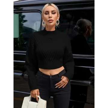 GORGLITTER Women's Bow Open Back Sweater Top Trendy Long Sleeve Backless Drop Shoulder Mock Neck Cable Knit Sweaters Black Large