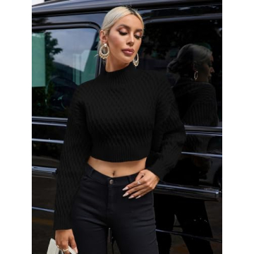 GORGLITTER Women's Bow Open Back Sweater Top Trendy Long Sleeve Backless Drop Shoulder Mock Neck Cable Knit Sweaters Black Large