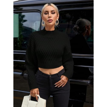 GORGLITTER Women's Bow Open Back Sweater Top Trendy Long Sleeve Backless Drop Shoulder Mock Neck Cable Knit Sweaters Black Large