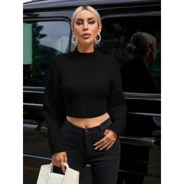 GORGLITTER Women's Bow Open Back Sweater Top Trendy Long Sleeve Backless Drop Shoulder Mock Neck Cable Knit Sweaters Black Large