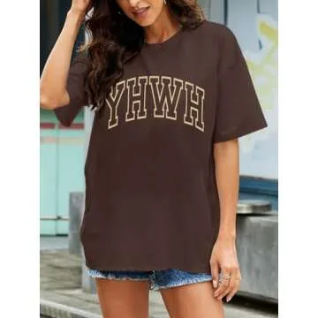 MNLYBABY YHWH Oversized Shirt Women Christian Tshirts Jesus Faith Inspirational Casual Tee Tops Brown