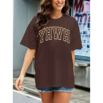 MNLYBABY YHWH Oversized Shirt Women Christian Tshirts Jesus Faith Inspirational Casual Tee Tops Brown