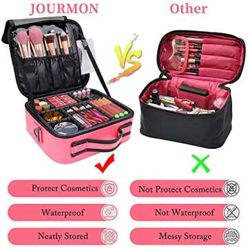 JOURMON Travel Makeup Bag Portable Cosmetic Case Organizer Portable Artist Storage Bag with Adjustable Dividers for Cosmetics Makeup Brushes Toiletry Jewelry Digital Accessories(Hot Rose,S)