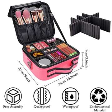 JOURMON Travel Makeup Bag Portable Cosmetic Case Organizer Portable Artist Storage Bag with Adjustable Dividers for Cosmetics Makeup Brushes Toiletry Jewelry Digital Accessories(Hot Rose,S)