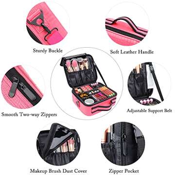 JOURMON Travel Makeup Bag Portable Cosmetic Case Organizer Portable Artist Storage Bag with Adjustable Dividers for Cosmetics Makeup Brushes Toiletry Jewelry Digital Accessories(Hot Rose,S)