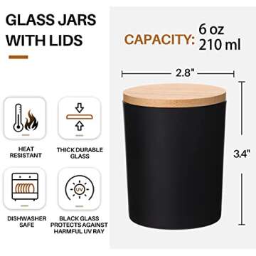 15-Pack 6oz Glass Candle Jars with Airtight Bamboo Lids, Bulk Matte Black Empty Candle Vessels with Labels for Making Candles - Dishwasher Safe