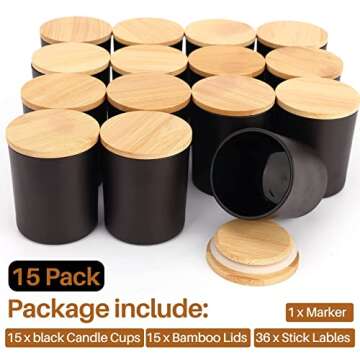 15-Pack 6oz Glass Candle Jars with Airtight Bamboo Lids, Bulk Matte Black Empty Candle Vessels with Labels for Making Candles - Dishwasher Safe