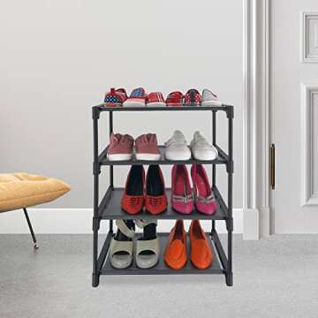 HITHIM 4 Tiers Small Shoe Rack,Narrow Stackable Shoe Shelf Organizer,Sturdy Shoe Stand, Non-Woven Fa...
