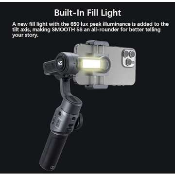 Zhiyun Smooth 5S Smartphone Gimbal Stabilizer 3-Axis with Built-in Fill Light for iPhone Android with Face Object Tracking for Vlog Video Live Stream INS YouTube (Smooth 5 Upgrade Version)-Gray