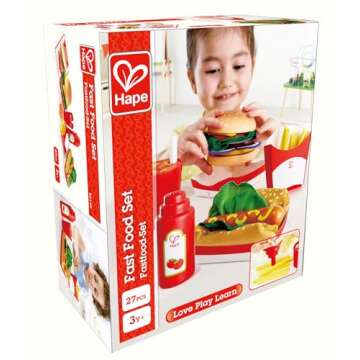 Hape Fast Food Set | Wooden Diner Fast Food Toy Set for Pretend Play