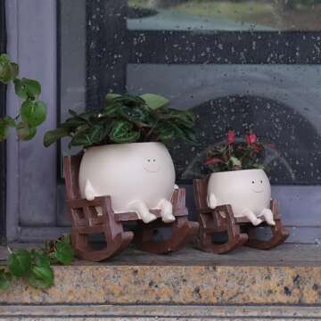 UMESONG Smily Face Planter Pot Cute Resin Flower Head Planters for Indoor Outdoor Plants Unique Sitting Rocking Chairs Succulent Pots for String of Pearls Plant Live Gift Ideals with Drainage Hole