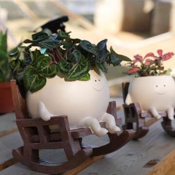 UMESONG Smily Face Planter Pot Cute Resin Flower Head Planters for Indoor Outdoor Plants Unique Sitting Rocking Chairs Succulent Pots for String of Pearls Plant Live Gift Ideals with Drainage Hole