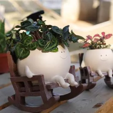 UMESONG Smily Face Planter Pot Cute Resin Flower Head Planters for Indoor Outdoor Plants Unique Sitting Rocking Chairs Succulent Pots for String of Pearls Plant Live Gift Ideals with Drainage Hole