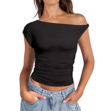 ANRABESS Womens Summer Off The Shoulder Sleeveless One Shoulder Ruched Asymmetrical Going Out Y2K Tank Crop Tops Shirts Black Small