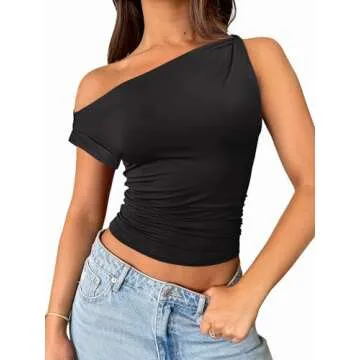 ANRABESS Womens Summer Off The Shoulder Sleeveless One Shoulder Ruched Asymmetrical Going Out Y2K Tank Crop Tops Shirts Black Small