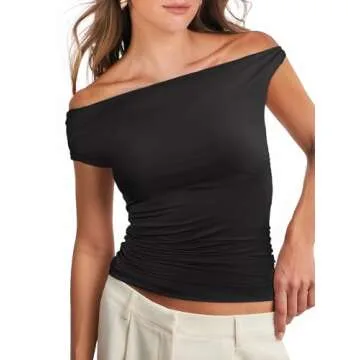 ANRABESS Womens Summer Off The Shoulder Sleeveless One Shoulder Ruched Asymmetrical Going Out Y2K Tank Crop Tops Shirts Black Small