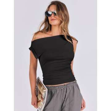 ANRABESS Womens Summer Off The Shoulder Sleeveless One Shoulder Ruched Asymmetrical Going Out Y2K Tank Crop Tops Shirts Black Small