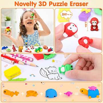 Palmatte 140PCS Mini Animal Erasers for Kids Bulk, Cute Desk Pets Kids Prizes Treasure Box Toys for Classroom Rewards Back to School Supplies, Random 3D Puzzle Erasers Kids Party Favors Goodie Bags