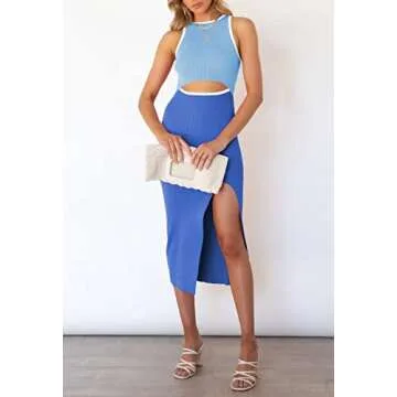 Pink Queen Women's Sexy Cutout Midi Dress Crew Neck Sleeveless Party Cocktail Ribbed Bodycon Dresses Blue XS