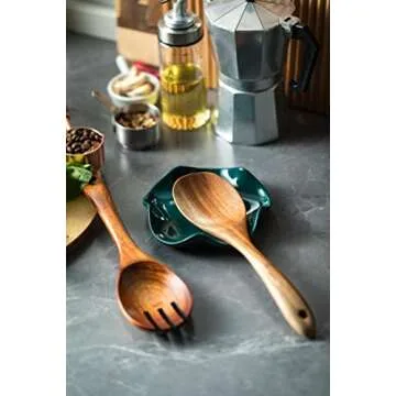 Miamolo Ceramic Spoon Rest for Kitchen Counter, Spoon Holder for Stove Top, Cooking Utensil Holder, Cute Flatware Rests for Housewarming Halloween Gifts, Dark Green