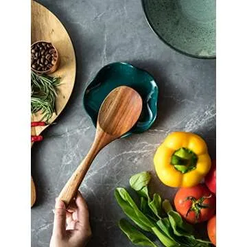 Miamolo Ceramic Spoon Rest for Kitchen Counter, Spoon Holder for Stove Top, Cooking Utensil Holder, Cute Flatware Rests for Housewarming Halloween Gifts, Dark Green