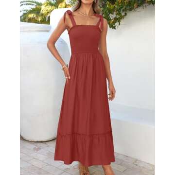 ZESICA Women's 2025 Summer Boho Spaghetti Strap Square Neck Ruffle Maxi Dress in Rust