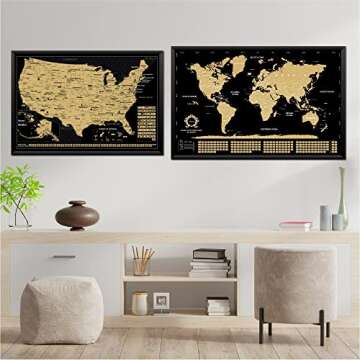 2 in 1 Gift Set - Scratch Off World Map and US Scratch off Map - Easy to Frame Scratchable World and United States of America Posters - Globetrotters Wall Map - Black and Gold Travel Tracker