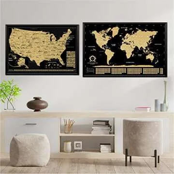 2 in 1 Gift Set - Scratch Off World Map and US Scratch off Map - Easy to Frame Scratchable World and United States of America Posters - Globetrotters Wall Map - Black and Gold Travel Tracker