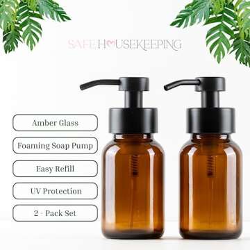 Amber Glass Foaming Hand Soap Dispenser, Pack of 2-8.5 Ounce - Black Stainless Steel Foaming Pump - Safe Housekeeping