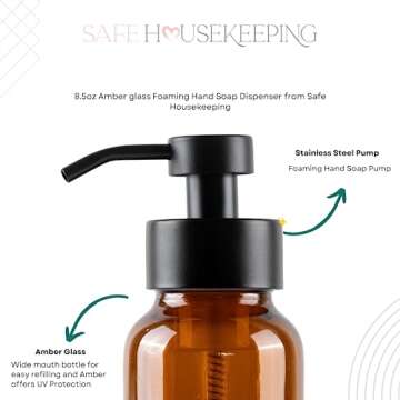 Amber Glass Foaming Hand Soap Dispenser, Pack of 2-8.5 Ounce - Black Stainless Steel Foaming Pump - Safe Housekeeping
