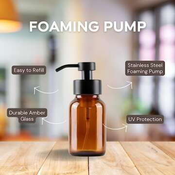 Amber Glass Foaming Hand Soap Dispenser, Pack of 2-8.5 Ounce - Black Stainless Steel Foaming Pump - Safe Housekeeping