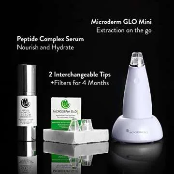 Microderm GLO MINI Premium Skincare Bundle - includes Blackhead Remover Vacuum Tool, 8mm Filters 30 pack, Peptide Complex Serum. Best Anti Aging Treatment Black Head Remover and Pore Extractor Kit