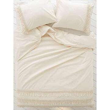 White Duvet Cover Fringed Cotton Tassel Boho Quilt Cover (96inL*104inW)