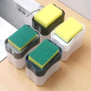 Dish Soap Dispenser and Sponge Holder for Kitchen Sink with Enhanced Features, Sponge Included, 13 Ounces, (Black)