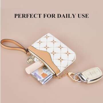 LARENNT Leather Coin Purse with Key Chain - Small Change Purse Keychain Card Holder Keychain Pouch Small Keychain Wallet for Women (White)