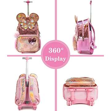 Meetbelify Rolling Backpack for Girls School Backpack with Lunch Box for Elementary Student Wheels Roller Trolley Luggage