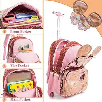 Stylish Girls Rolling Backpack with Lunch Box and Wheels