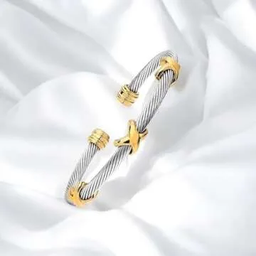 EGO VINA Multi Twisted Cable Wire Cross Bracelet For Women Men Classic Stainless Steel Fashion Stackable OPen Bangle Open Cuff Bangles Vintage Jewelry