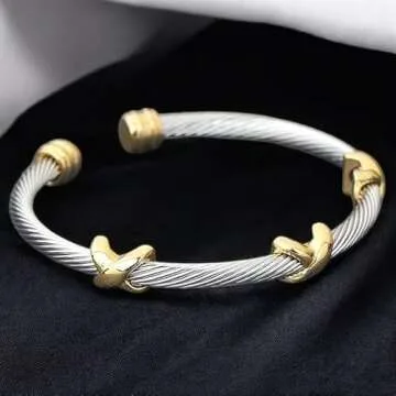 EGO VINA Multi Twisted Cable Wire Cross Bracelet For Women Men Classic Stainless Steel Fashion Stackable OPen Bangle Open Cuff Bangles Vintage Jewelry