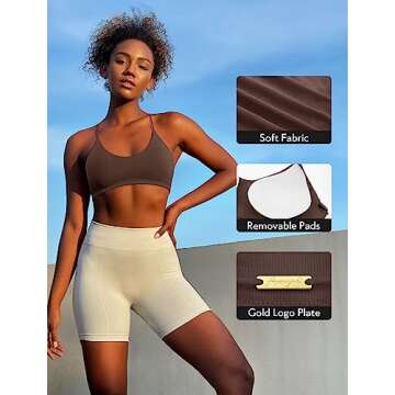 FRESOUGHT Sports Bra Women Backless Round Neck Bras Sexy Gym Workout Clothes Brown S