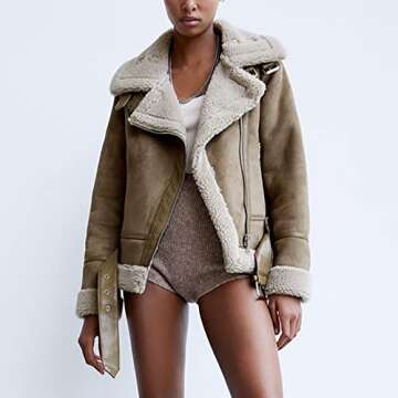 Abrigos De Mujer Invierno En Oferta,Leather Jacket Women,Brown Suede Jacket Faux Fur Teddy Biker Jacket Oversized Shearling Sherpa Lined Coats Chaqueta De Cuero Para Mujer Bomber Jacket(Coffee,XL)