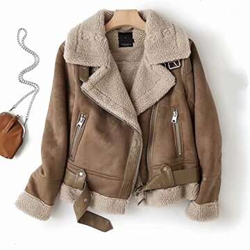 Abrigos De Mujer Invierno En Oferta,Leather Jacket Women,Brown Suede Jacket Faux Fur Teddy Biker Jacket Oversized Shearling Sherpa Lined Coats Chaqueta De Cuero Para Mujer Bomber Jacket(Coffee,XL)