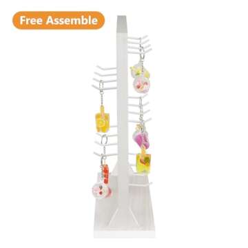 Ikee Design 5 Tiers Free Assemble Wooden Jewelry Display Rack with 20 Removable Metal Hooks,Earring Card Display Stand,Jewelry Organizer,Bracelet Keychain Stand, Wash White