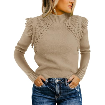 Saodimallsu Women's Cable Knit Sweater - Mock Neck Fringe Long Sleeve Pullover Khaki