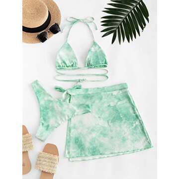 ZAFUL Women's Tie Dye Ribbed Three Piece Tanga Bikini Swimwear with Bikini Cover Up