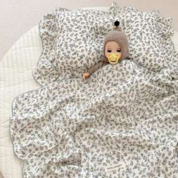 BuLuTu 100% Cotton Muslin Toddler Blanket for Girls Boys Soft Baby Blanket with Shabby Chic Blue Flo...