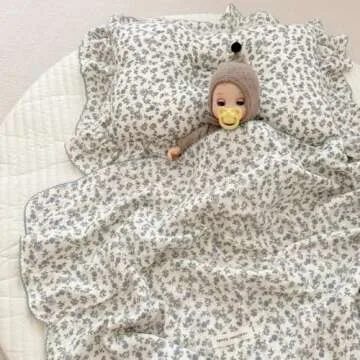 BuLuTu 100% Cotton Muslin Toddler Blanket for Girls Boys Soft Baby Blanket with Shabby Chic Blue Flo...