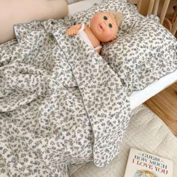 BuLuTu 100% Cotton Muslin Toddler Blanket for Girls Boys Soft Baby Blanket with Shabby Chic Blue Floral Crib Blanket Lightweight Toddler Quilt Toddler Bed Blanket, 1 pc, 47"x51"